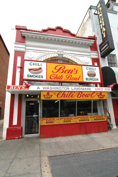 A historical-looking building has a sign that says "Ben's Chili Bowl" and "A Washington Landmark since 1958."