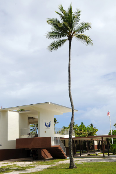 A school building sits amidst palm trees. An American flag on a pole flies on the right side. 