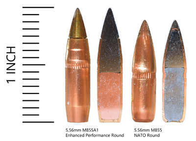 An image shows two types of bullets, both in full and a cross section.  To the left is a scale indicating the size of the largest bullet at 1 inch.  Beneath are the words "5.56 M855A1 Enhanced Performance Round" and "5.56 M855 NATO Round." The first bullet appears to contain two metals and its jacket is rear-drawn, leaving the metal tip exposed. The bullet on the right also contains two metals but its jacket is drawn from the front. 