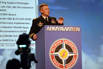 A man in a military uniform stands behind a lectern which has the words "Army Aviation" displayed on it.  In  front of him is a person with a camera.
