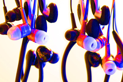 An array of earphones.