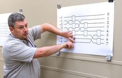 A man points to a diagram on a wall.
