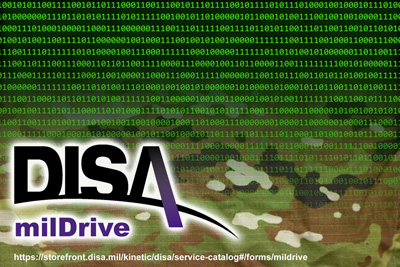 Across a backdrop of zeros and ones, appear the words "DISA" and "milDrive."